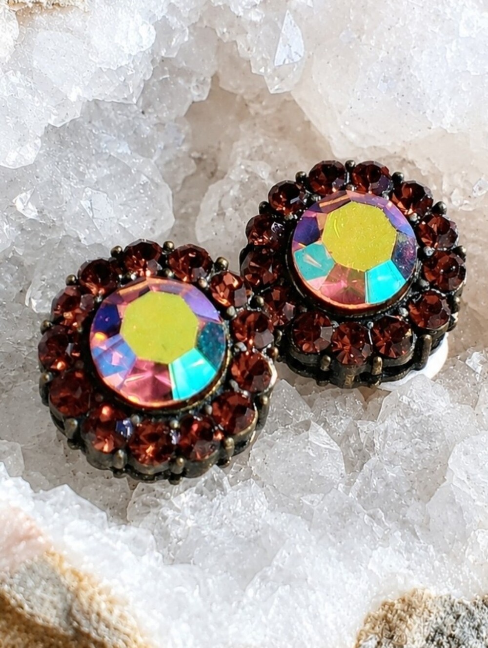 Topaz Brown Aurora Borealis Round Vintage Petite Crystal Clip Petite Earrings